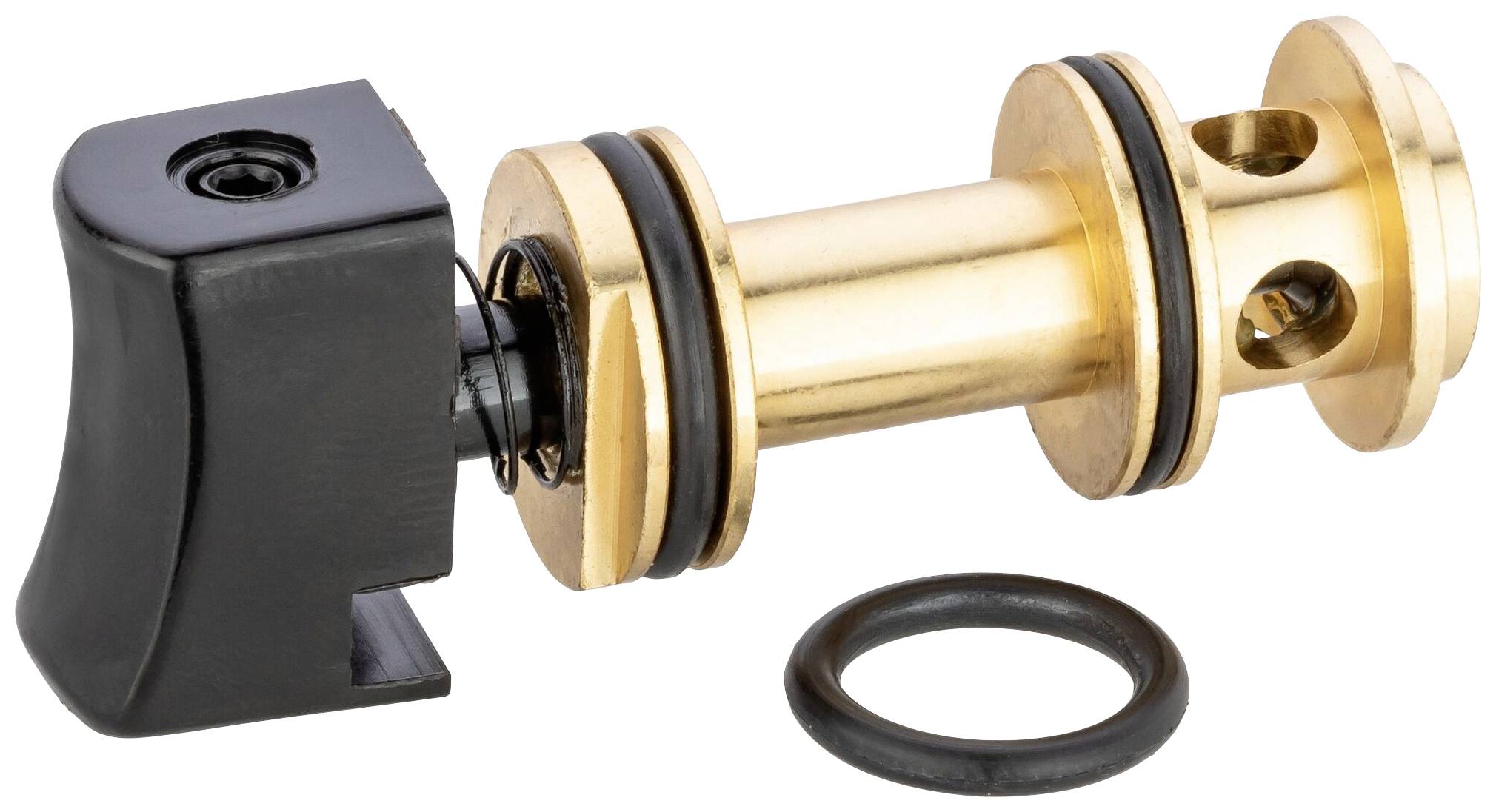 Zlatý valec s čiernymi krúžkami a čiernym komponentom vedľa neho, pravdepodobne súčasť nejakého mechanického zariadenia.