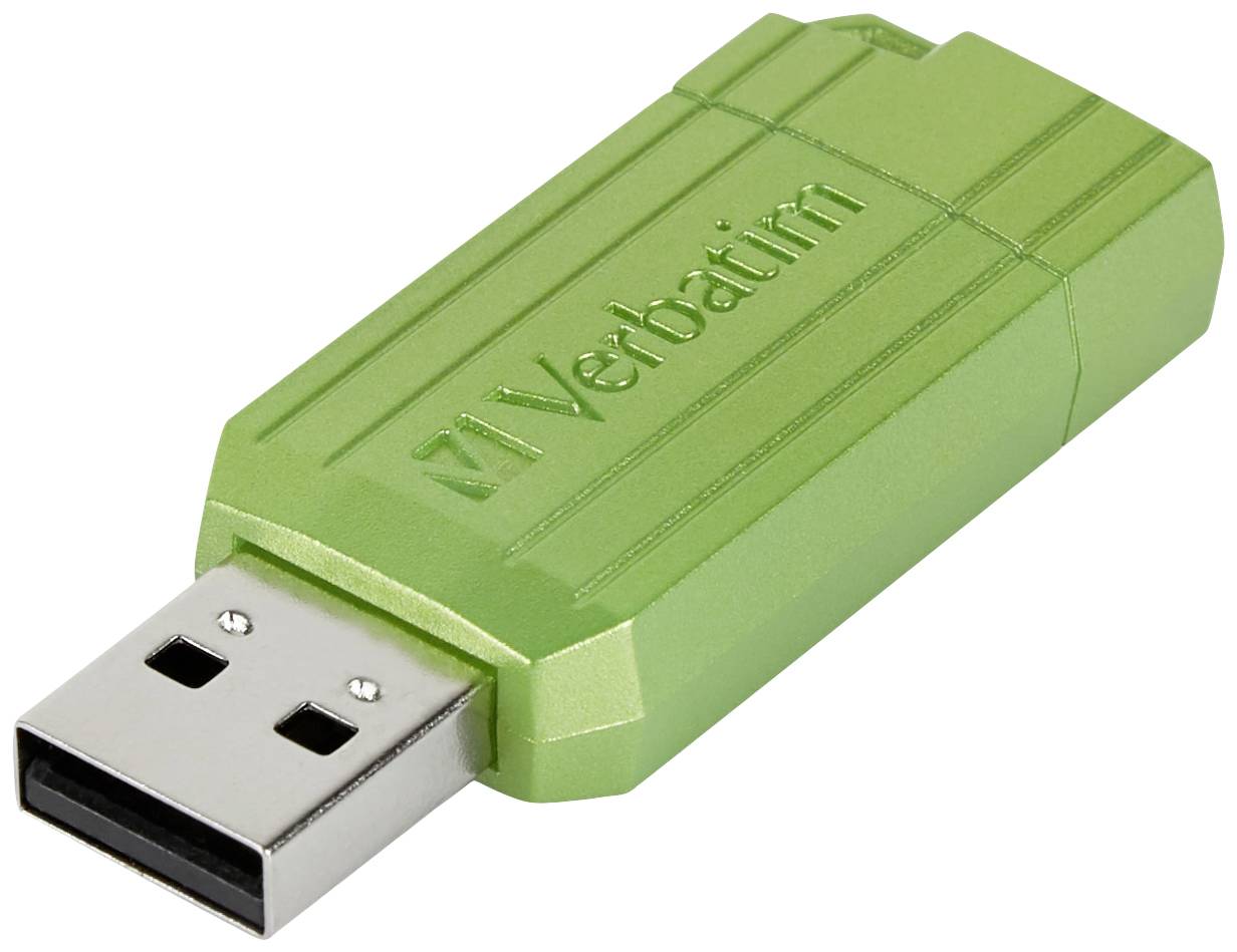 Zelený USB kľúč značky Verbatim, pohľad z uhla zhora.