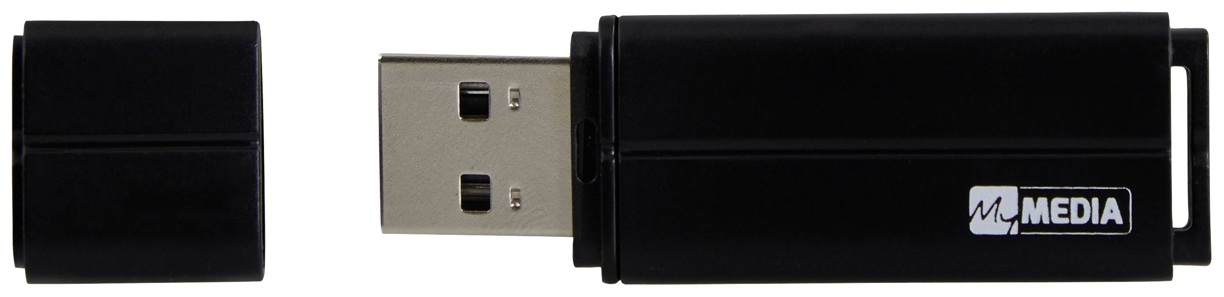 Čierny USB kľúč so sňatým krytom, položený. Vpravo logo výrobcu 'MyMedia'.