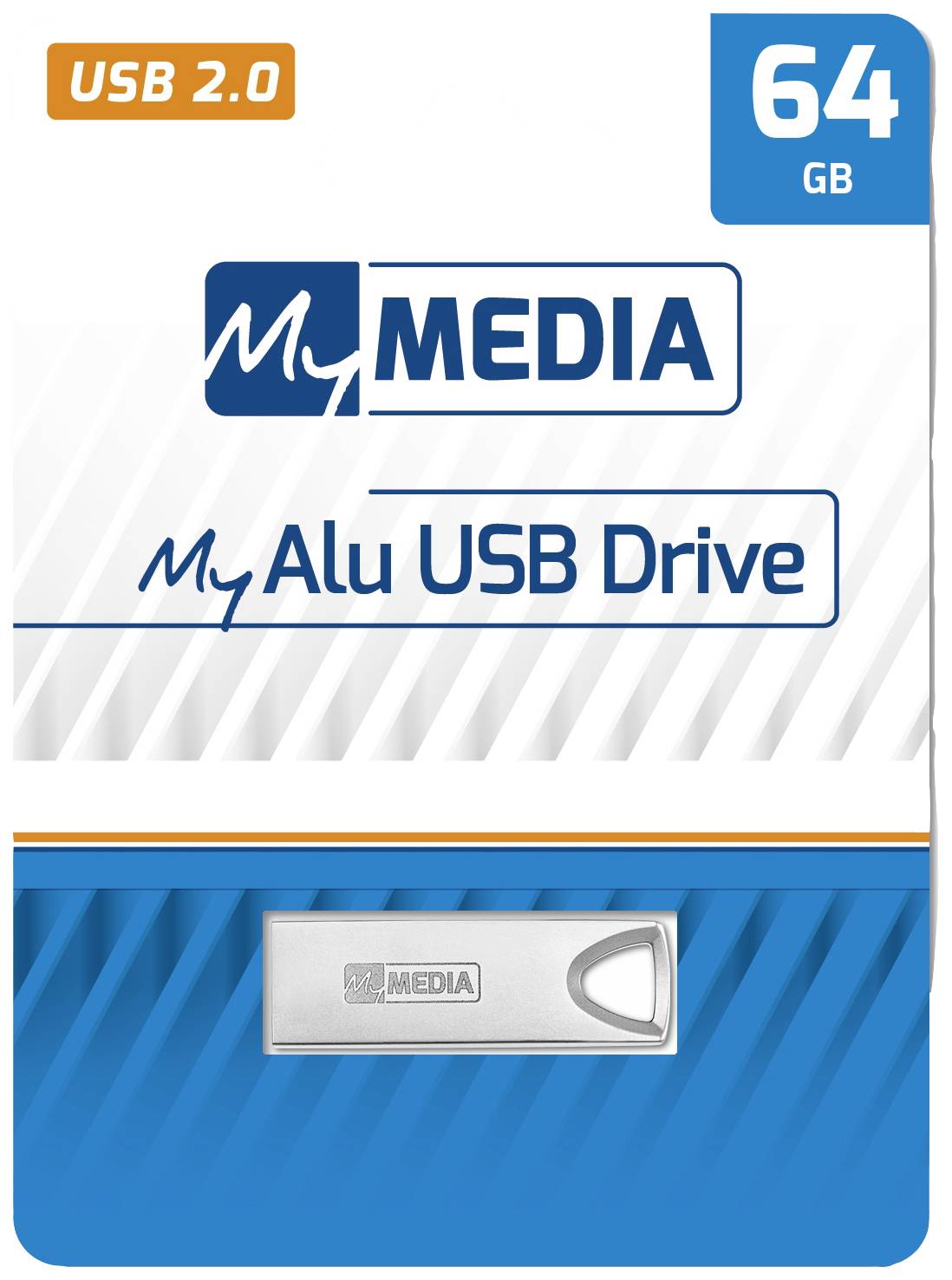 'USB 2.0 MyMedia Alu USB kľúč, 64 GB kapacita, strieborný USB kľúč zobrazený na modro-bielom obale.'