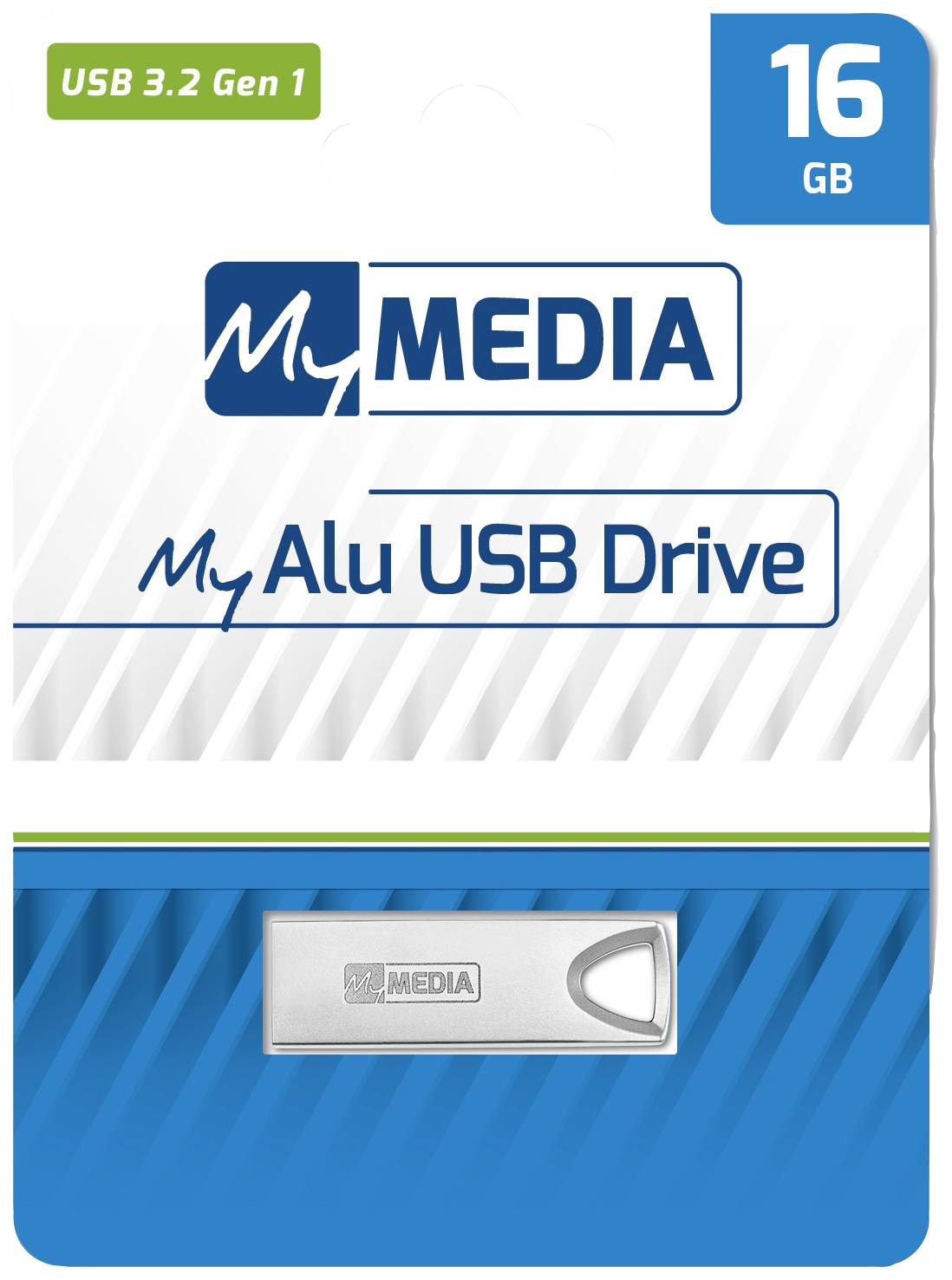 USB kľúč 'My Alu USB Drive' od MyMedia, 16 GB, USB 3.2 Gen 1, zobrazený na blistrovom balení.