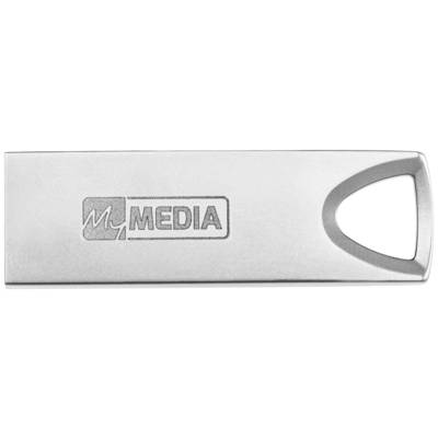 Strieborný USB kľúč s gravírovaným logom 'MEDIA', obdĺžnikového tvaru so zaoblenným otvorom na pravej strane na zavesenie.