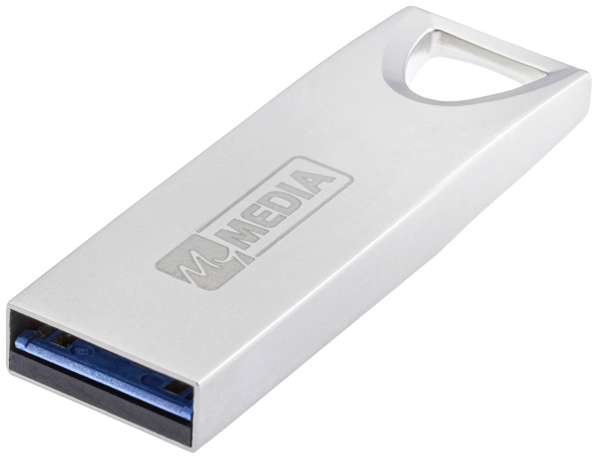 USB kľúč v kovovom obale s modrým rozhraním, firemné logo na hornej strane.