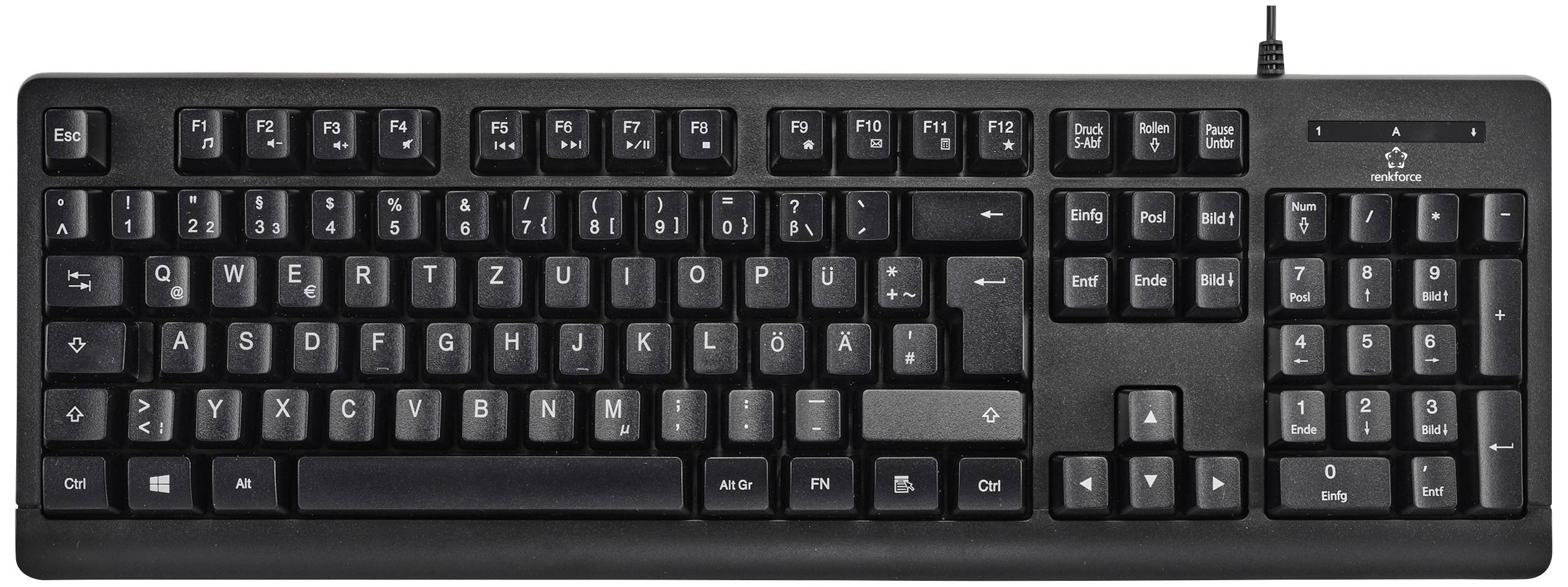 Čierna QWERTZ klávesnica s nemeckým rozložením klávesov, radou funkčných klávesov hore a numerickým poľom napravo.