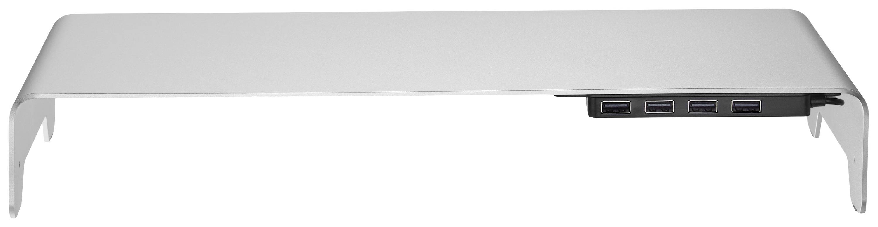 Jednoduchý strieborný stojan na monitor s integrovanými USB portami na pravej strane, vhodný na zvýšenie výšky obrazovky.