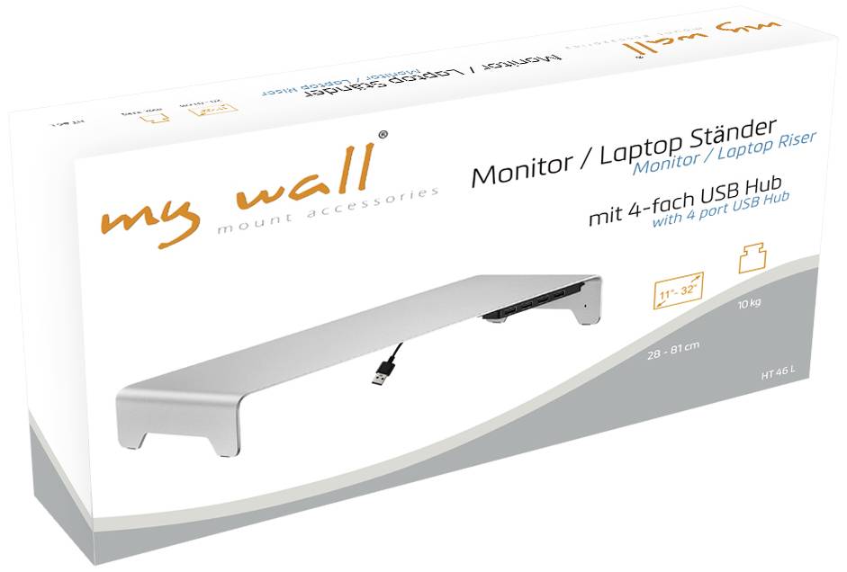 Obal stojanového držiaka pre monitor/notebook so vstavaným 4-portovým USB rozbočovačom. Zobrazuje obrázok produktu a výrazný oranžový text.