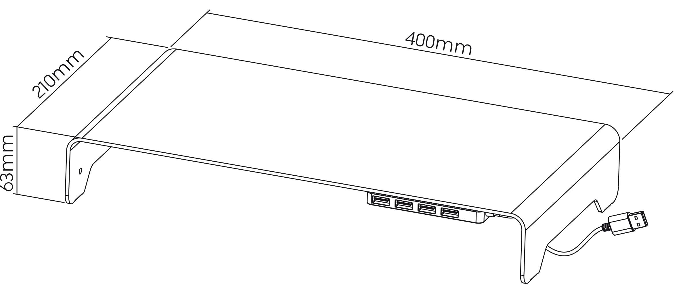 Diagram stojana na monitor s rozmermi 400 mm x 210 mm x 63 mm. Obsahuje bočné USB porty a vyčnievajúci kábel.