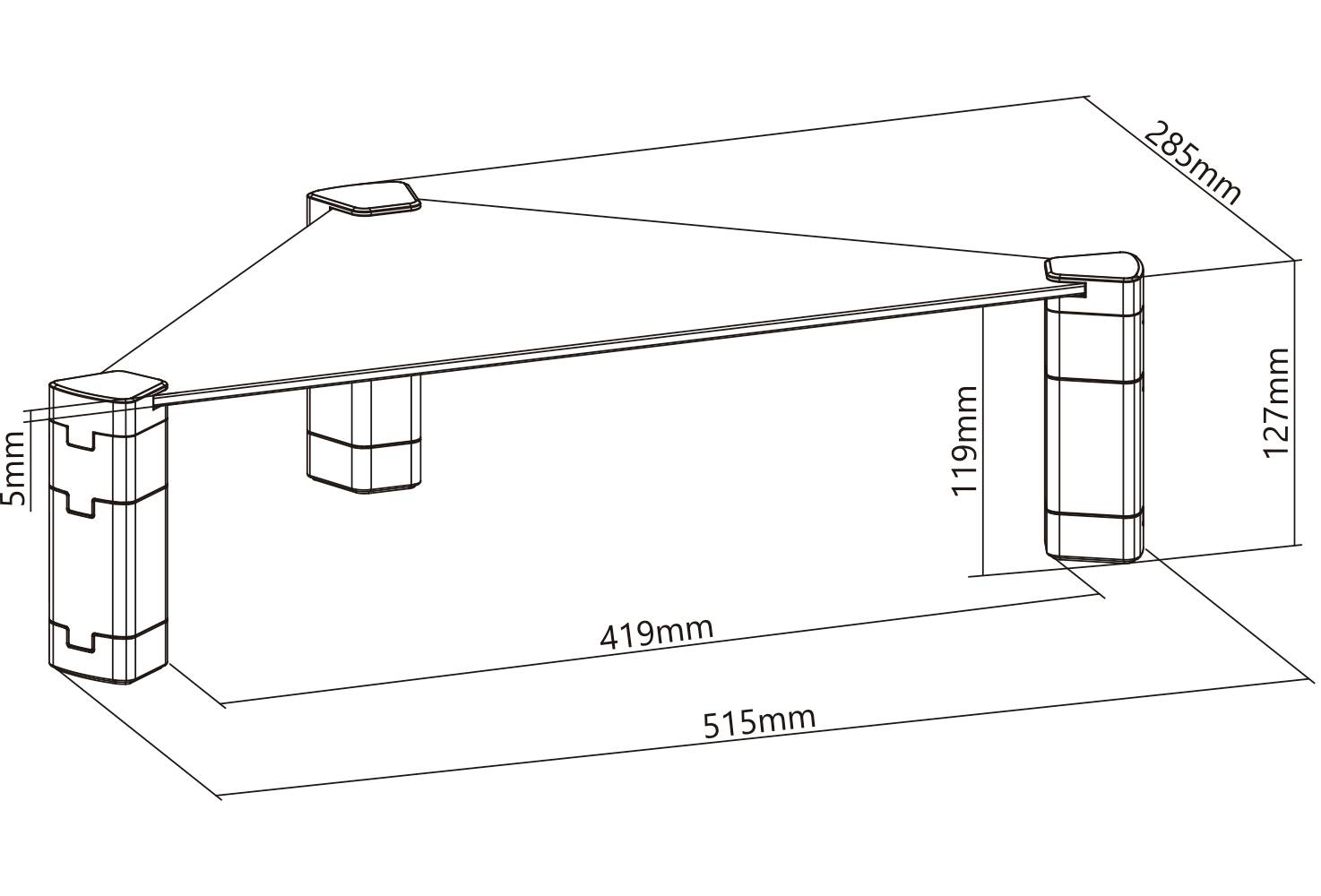 Trojuholníkový stojan s tromi nohami na zvýšenie monitora. Rozmery: 285 mm x 515 mm, výška 127 mm, spodná hrana 119 mm nad zemou.