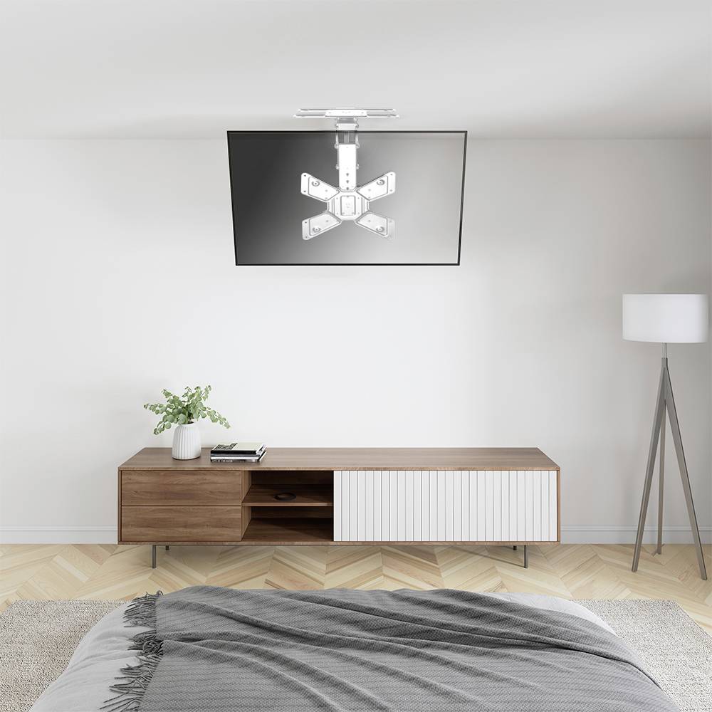 Obývacia izba s televízorom na strope, komoda s rastlinou a knihou, vedľa stojacia lampa. Koberec na drevenej podlahe.