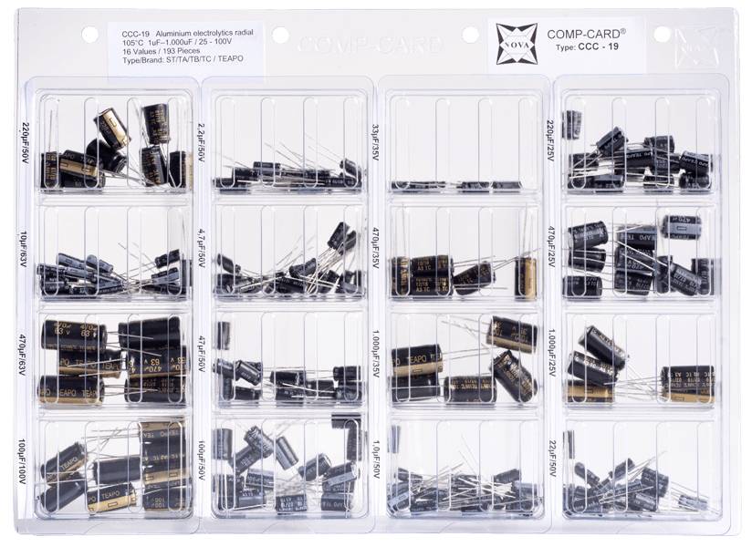 Assortimento di condensatori elettrolitici NOVA CCC-19 25 V, 35 V, 50 V, 63 V, 100 V 20 % 193 Parti radiale