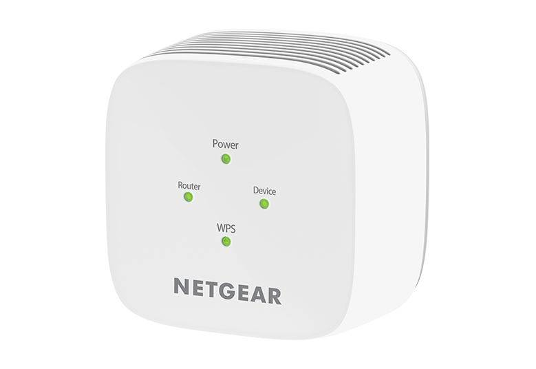Biely WiFi repeater Netgear s zelenými LED indikátormi pre 'Napájanie', 'Router', 'Zariadenie' a 'WPS'.