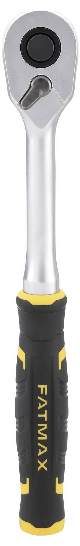 Račňa s čiernou ergonomickou rukoväťou a žltým nápisom 'FATMAX'. Strieborná kovová hlava s prepínačom smeru otáčania.