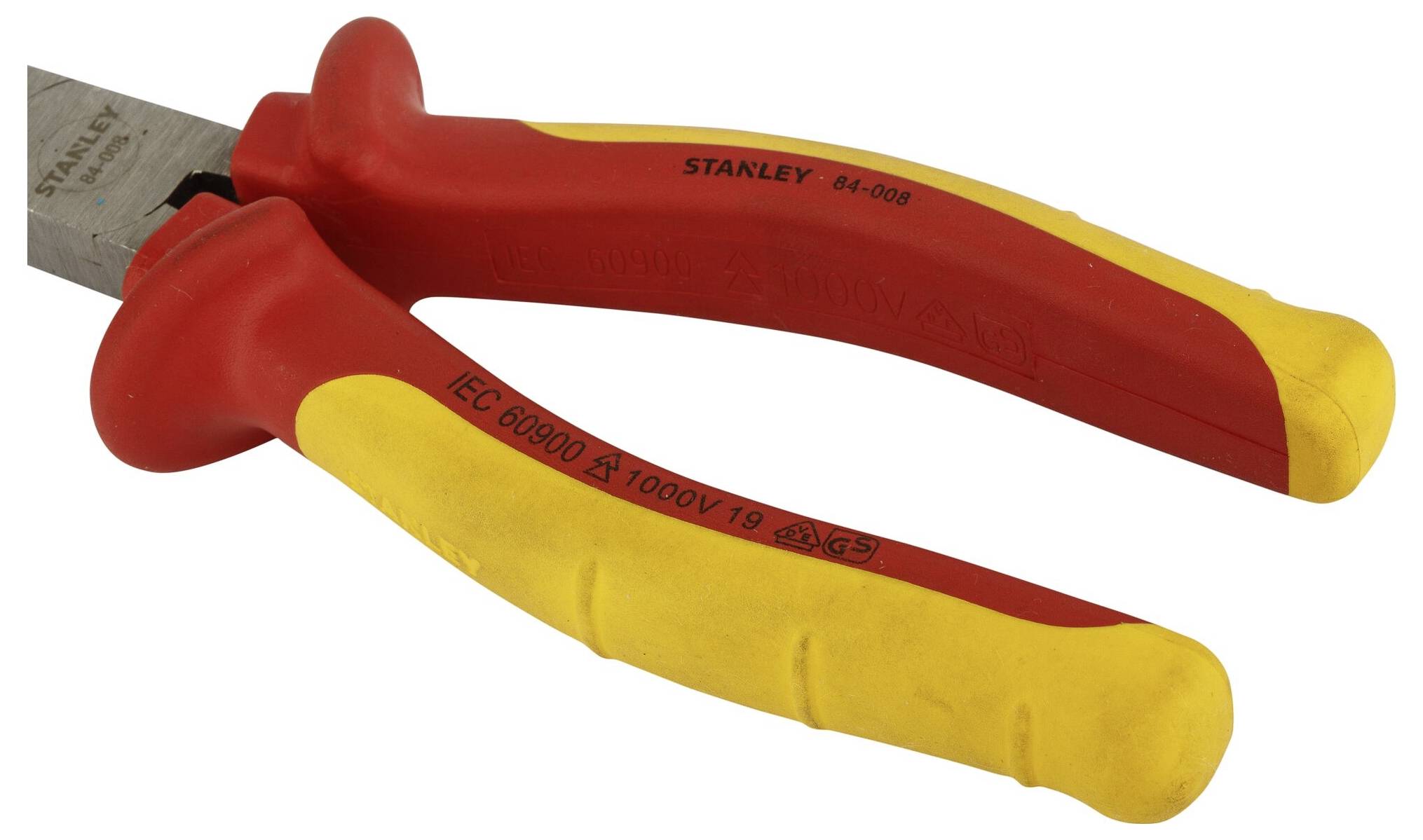 Červené a žlté kliešte Stanley, model č. 84-008, izolované do 1000V, vhodné pre elektrotechnické práce.