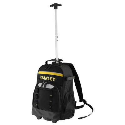 Čierny cestovný batoh na kolieskach s výsuvnou rúčkou, žltým logom značky 'Stanley' na prednej strane, s viacerými priehradkami a ramenými popruhmi.