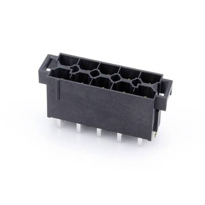 Čierny, obdĺžnikový elektronický zástrčkový konektor s viacerými zlatými kontaktmi a bielymi kolíkmi pre technické aplikácie.