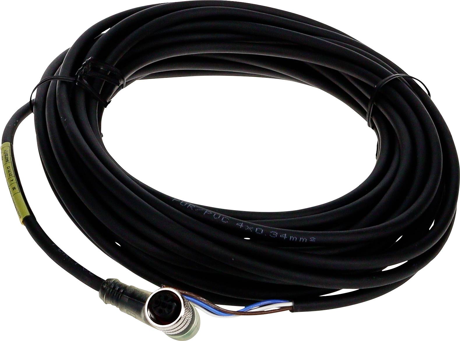 Dlhý čierny kábel stočený do špirály s kovovým konektorom na jednom konci, vhodný pre priemyselné alebo elektronické zariadenia.