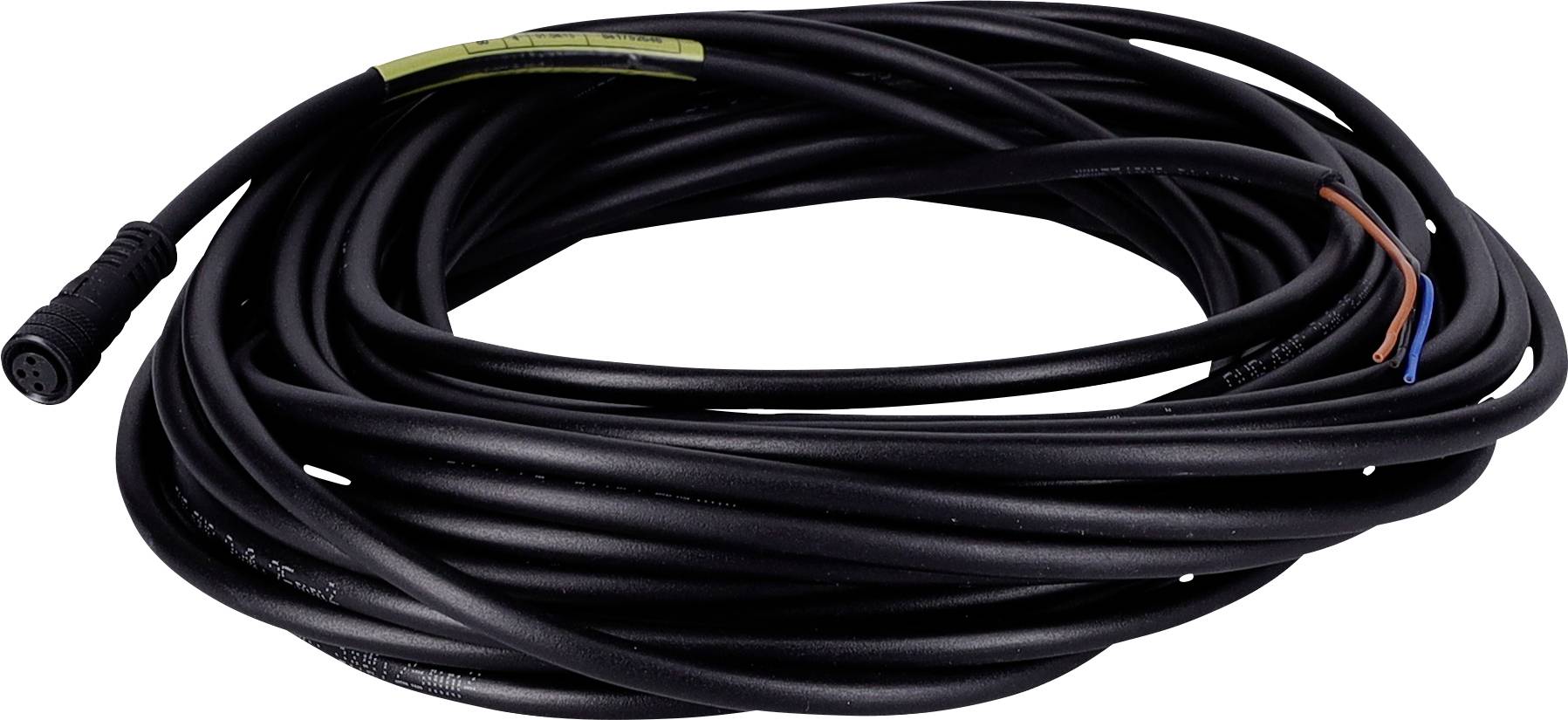 Vinutý čierny elektrický kábel s konektorom na jednom konci a holými vodičmi na druhom konci, vhodný pre elektronické komponenty.