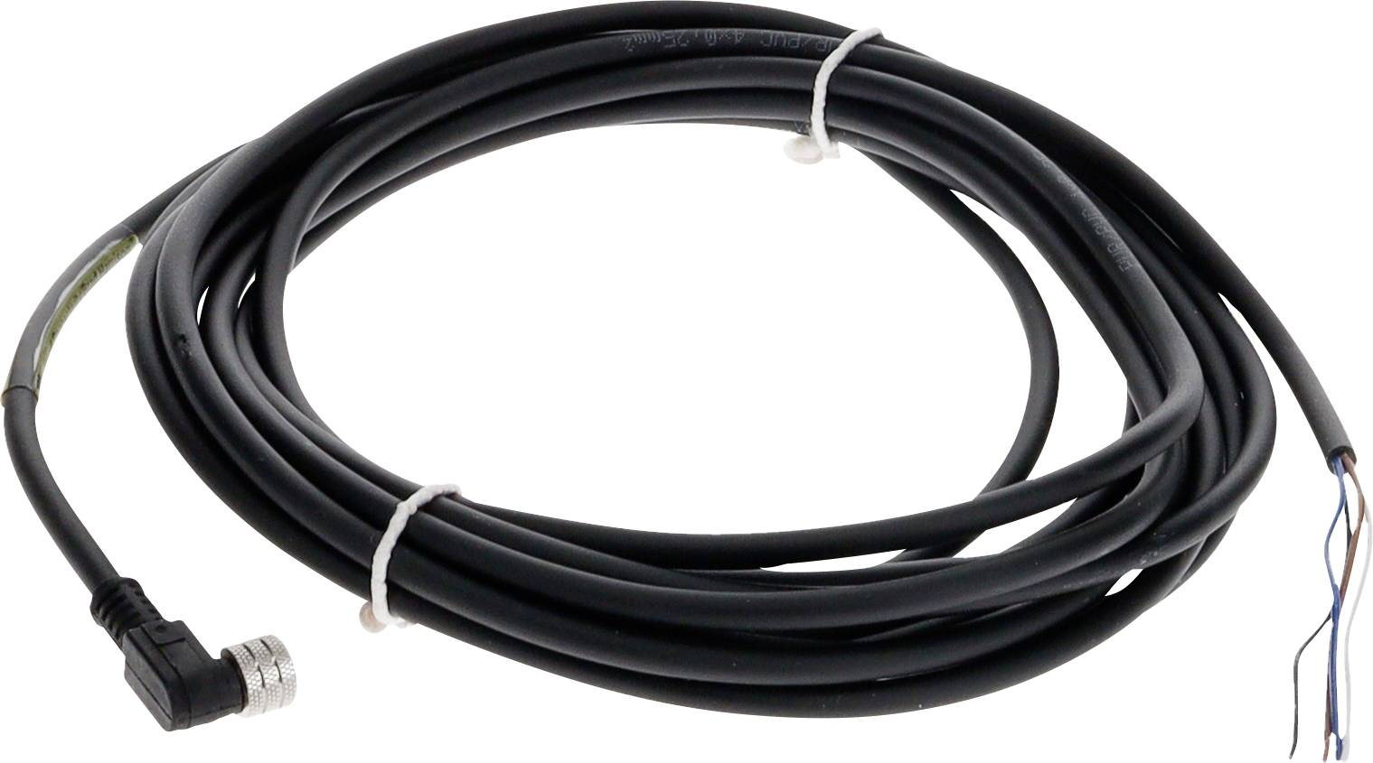 Stočený čierny elektrický kábel s konektorom v pravom uhle na jednom konci a opaženými vodičmi na druhom konci.