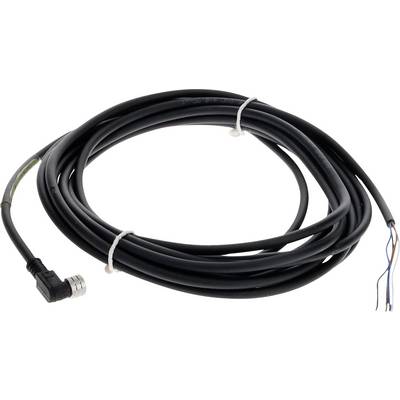 Stočený čierny elektrický kábel s konektorom v pravom uhle na jednom konci a opaženými vodičmi na druhom konci.