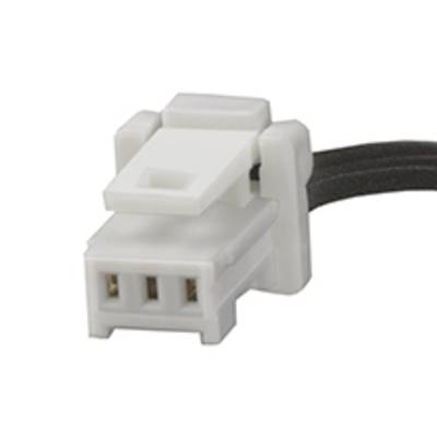 Biela trojpólová elektrická zásuvka s čiernymi káblami; slúži na elektrické prepojenie v elektronických zariadeniach.