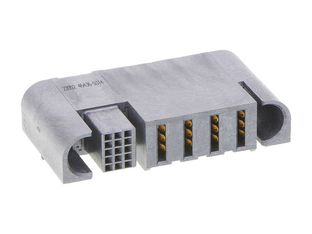 Obdĺžnikový elektrický konektor s viacerými medenými kontaktmi, vhodný pre priemyselné alebo elektronické aplikácie.