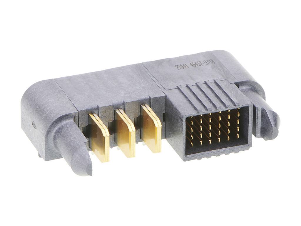 Pravouhlý konektor s viacerými zlatými kolíkovými kontaktmi, vhodný na elektronické prepojenie zariadení.