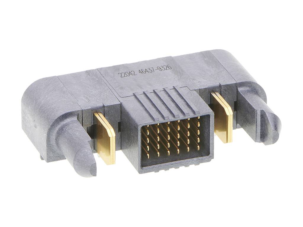 Obdĺžnikový elektronický konektor s viacerými zlatými kontaktmi a sivým plastovým krytom.