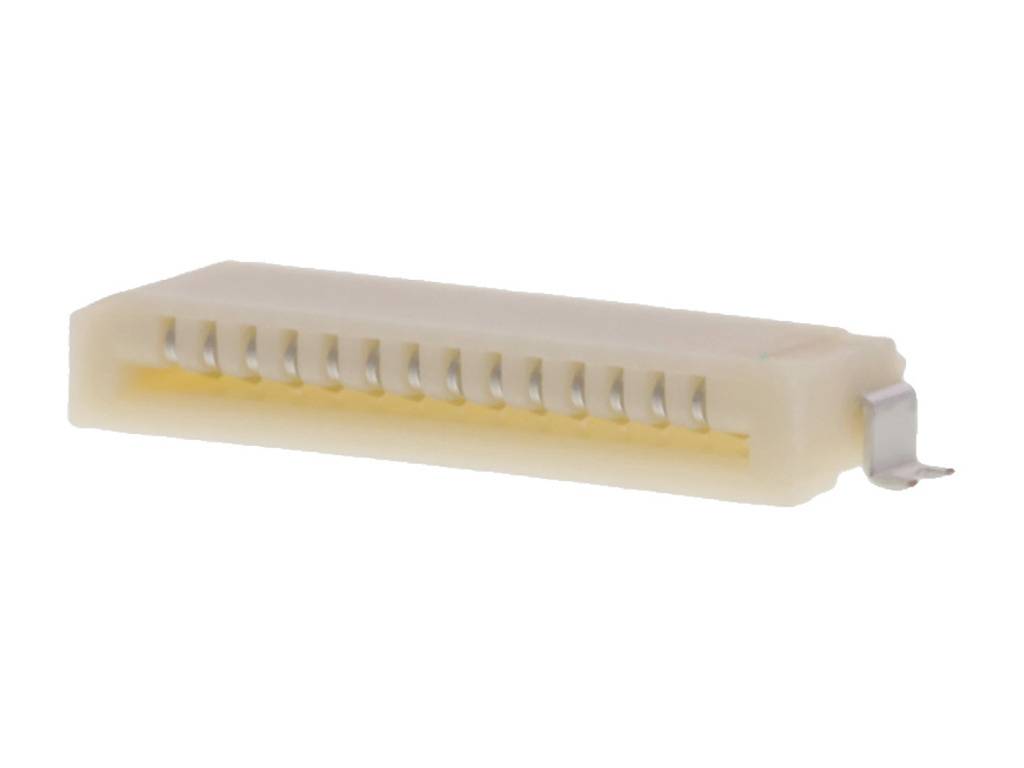 Biely elektrický konektor s viacerými kovovými kontaktmi, vhodný pre elektronické zariadenia. Pohľad z boku.