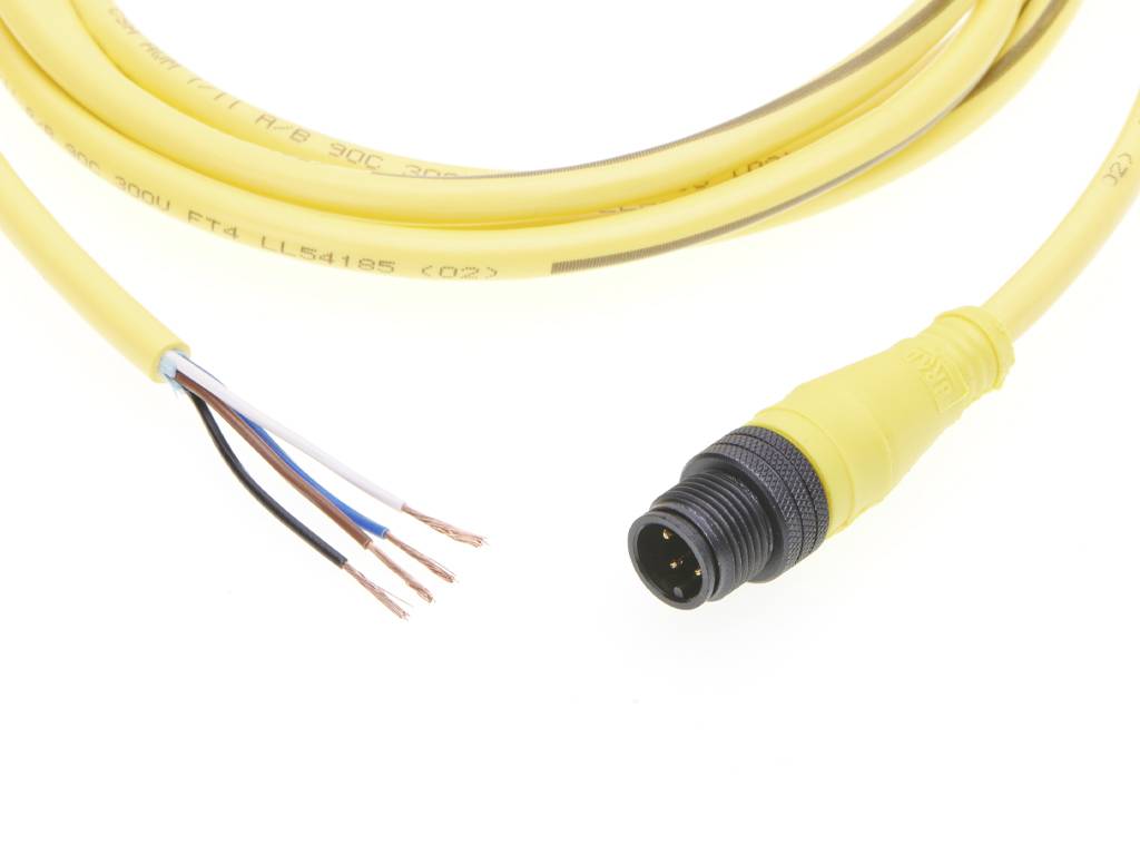 Žltý kábel so stiahnutou izoláciou drôtov a čiernym konektorom na konci, vhodný pre priemyselné alebo elektrické aplikácie.