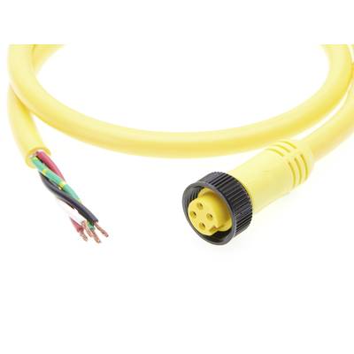Žltý kábel s čiernou zástrčkou a voľne uloženými červenými, modrými, zelenými a čiernymi vodičmi. Elektronická súčiastka.