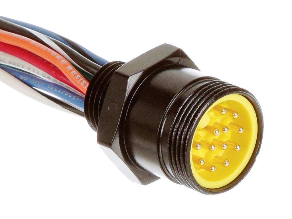 Guľatý, žltý viacnásobný konektor s čiernymi okrajmi a viacerými farebnými káblami slúži na elektrické prepojenie.