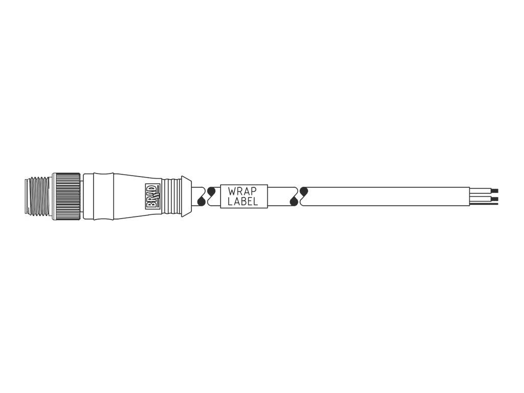Obrázok ukazuje elektrickú zástrčku s dlhým, úzkym káblom, ktorý má štítok s nápisom "WRAP LABEL".