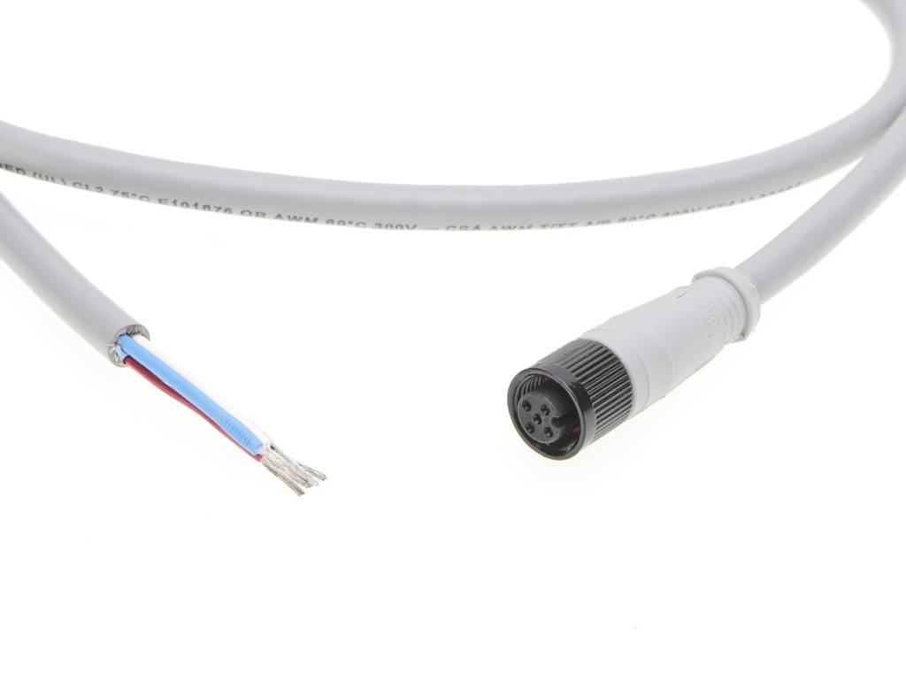 Šedý opláštený kábel s jedným voľným koncom a 4-pólovým konektorom, vhodný pre elektronické prepojenia.