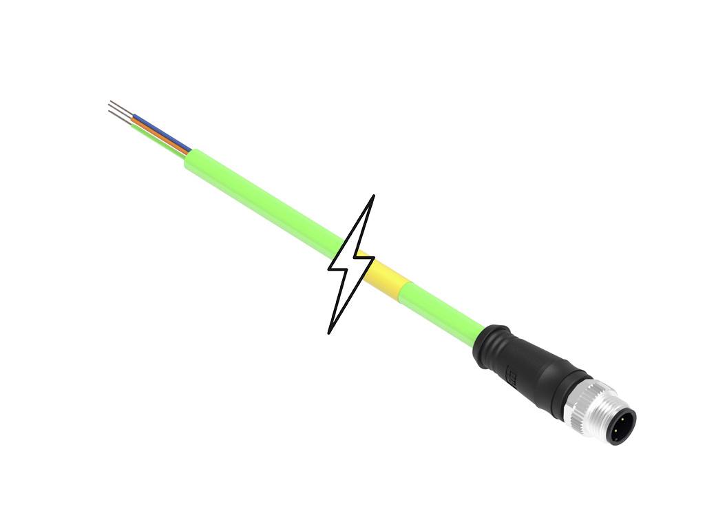 Elektrický kábel so zeleným ochranným plášťom a zástrčkou; prerezaný a nefunkčný; symbol blesku poukazuje na poškodenie.