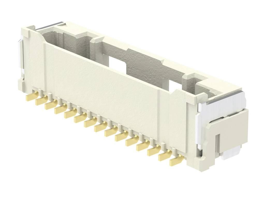 Mechanický konektor s viacerými zlatými kontaktnými kolíkmi, ktoré sa používajú na elektronické prepojenia.