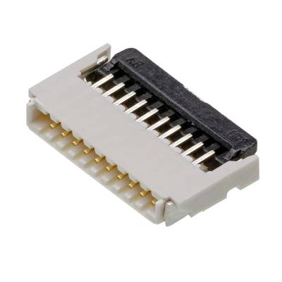 Biely plochý konektor s viacerými zlatými kolíkmi, ktorý sa používa na prepájanie elektronických zariadení.