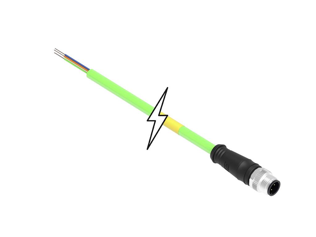 Sieťový kábel optického vlákna s farebnými vláknami a symbolom elektrickej napätia, ktorý znázorňuje prenos energie, konektor modul