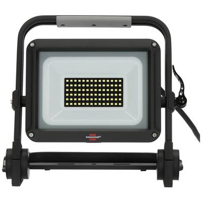 Čierny LED stavebný reflektor s obdĺžnikovým krytom a veľkým počtom viditeľných LED svetiel. Vyvinutý pre použitie na stavbách.