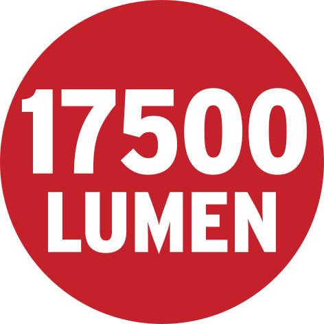 Červený kruh s bielym textom '17500 lúmenov'.