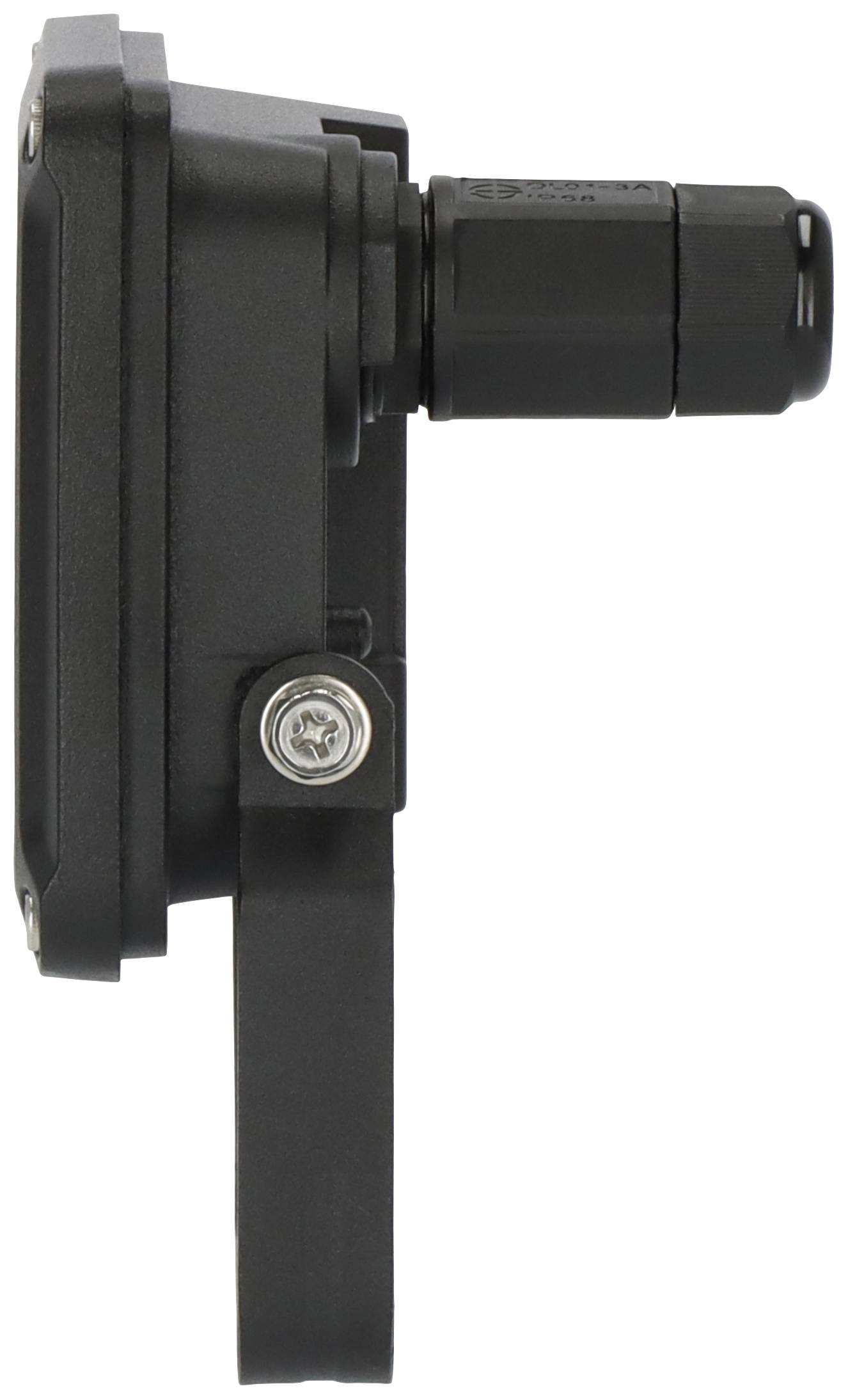 Pohľad z boku na čierny konektor alebo senzor namontovaný na držiaku. Zobrazuje detailné mechanické komponenty.