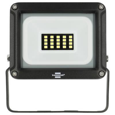 Čierny LED reflektor s obdĺžnikovým puzdrom, predným svetelným panelom a kovovou konzolou stojanom na bielom pozadí.