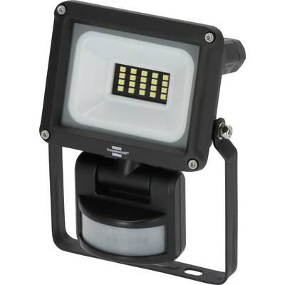 Čierny LED reflektor s detektorom pohybu a nastaviteľným montážnym držiakom na bielom pozadí.