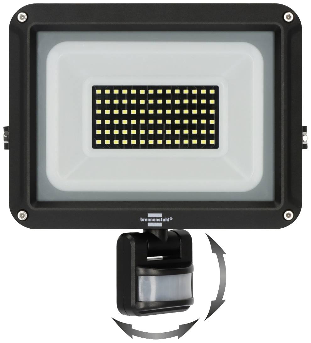 Čierny LED reflektor s pohybovým senzorom a žltou LED mriežkou na bielom pozadí. Senzor je namontovaný na otočnom mechanizme.