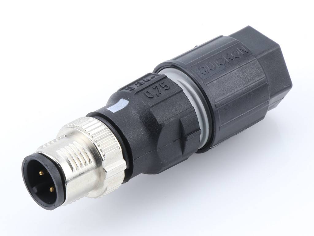 Čierny, valcovitý elektrický konektor s kovovým závitom a tromi kontaktmi, vhodný pre priemyselné použitie.