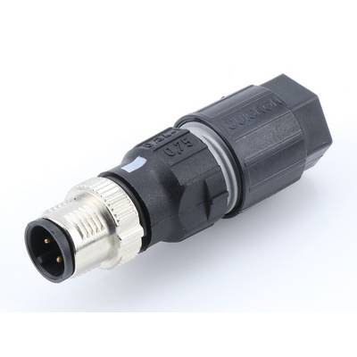 Čierny, valcovitý elektrický konektor s kovovým závitom a tromi kontaktmi, vhodný pre priemyselné použitie.