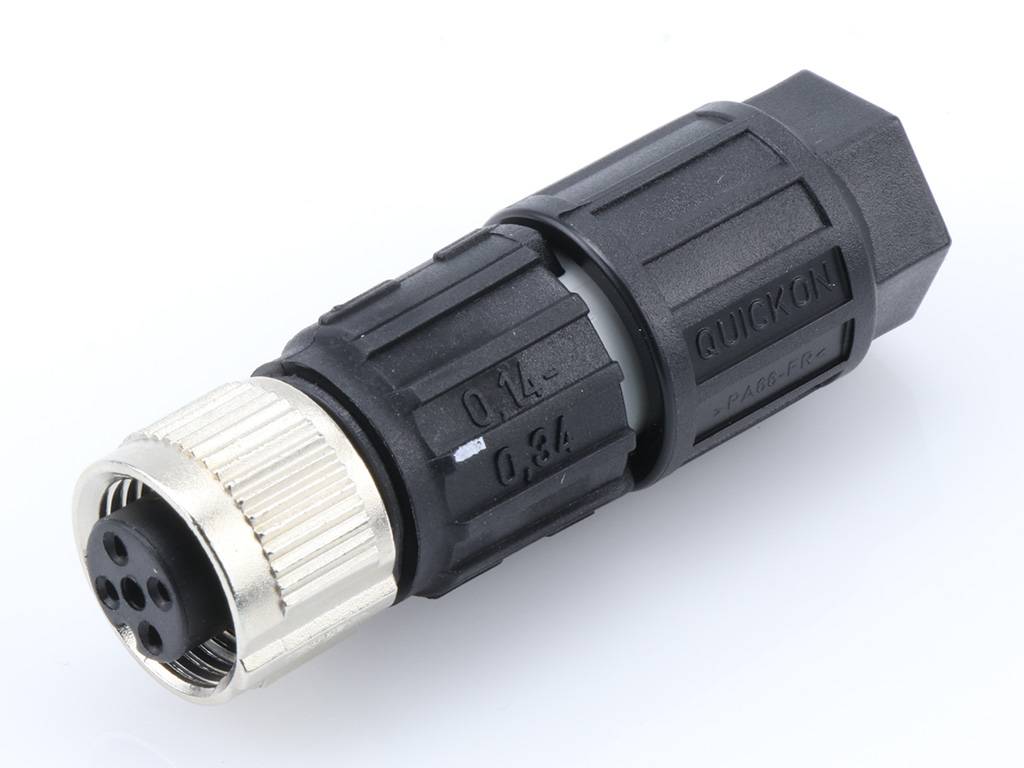 Čierny elektrický konektor s okrúhlou kovovou zásuvkou, vhodný pre priemyselné aplikácie.