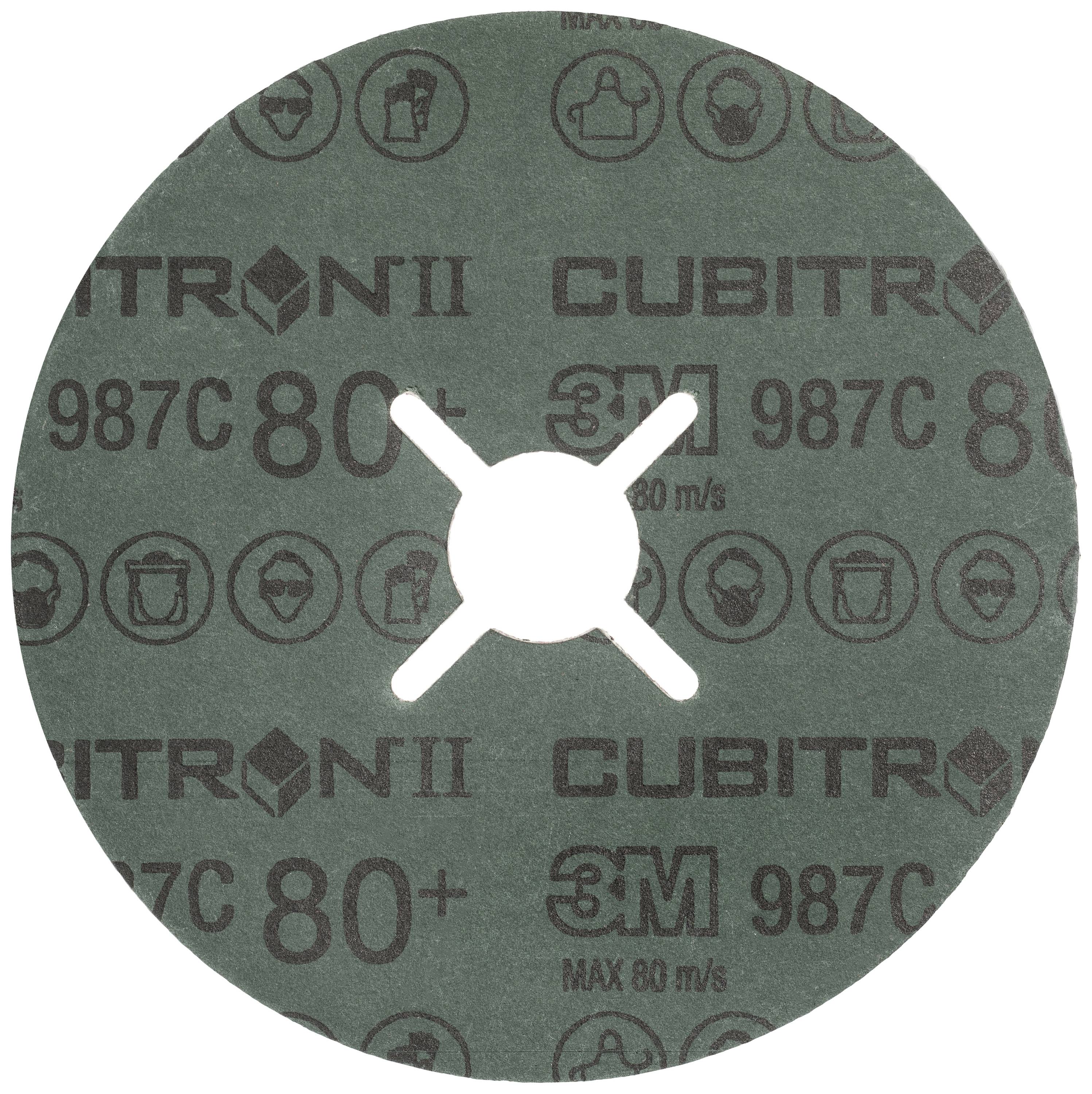 Brúsny kotúč s popisom 'CUBITRON II', '3M', '987C', '80+' a symbolmi bezpečnostných opatrení. Obsahuje informačné symboly.