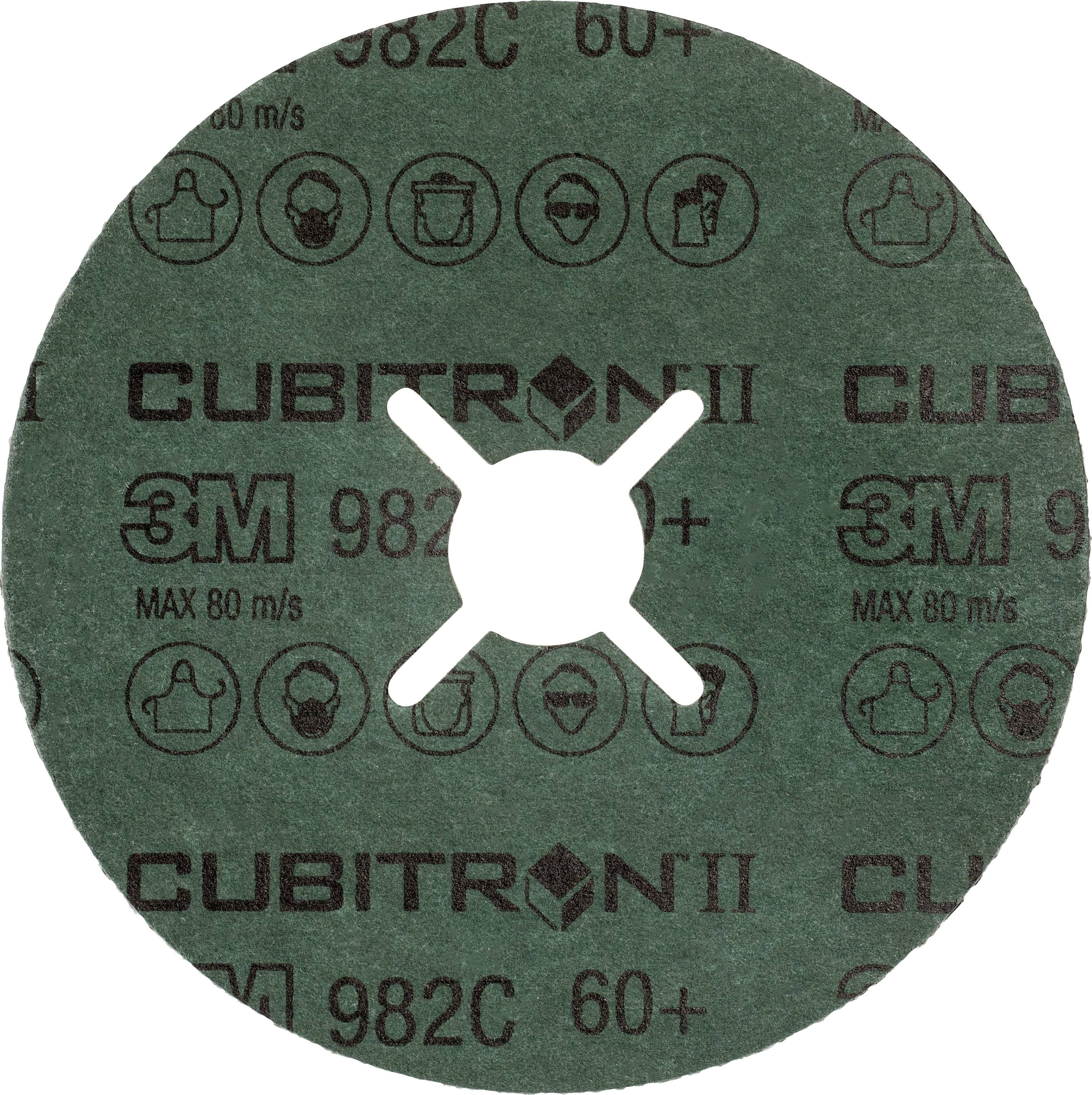 Brúsny kotúč s nápisom '3M Cubitron II 982C 60+'. Symboly označujú ochranné opatrenia: ochranné okuliare, rukavice, ochranná maska.