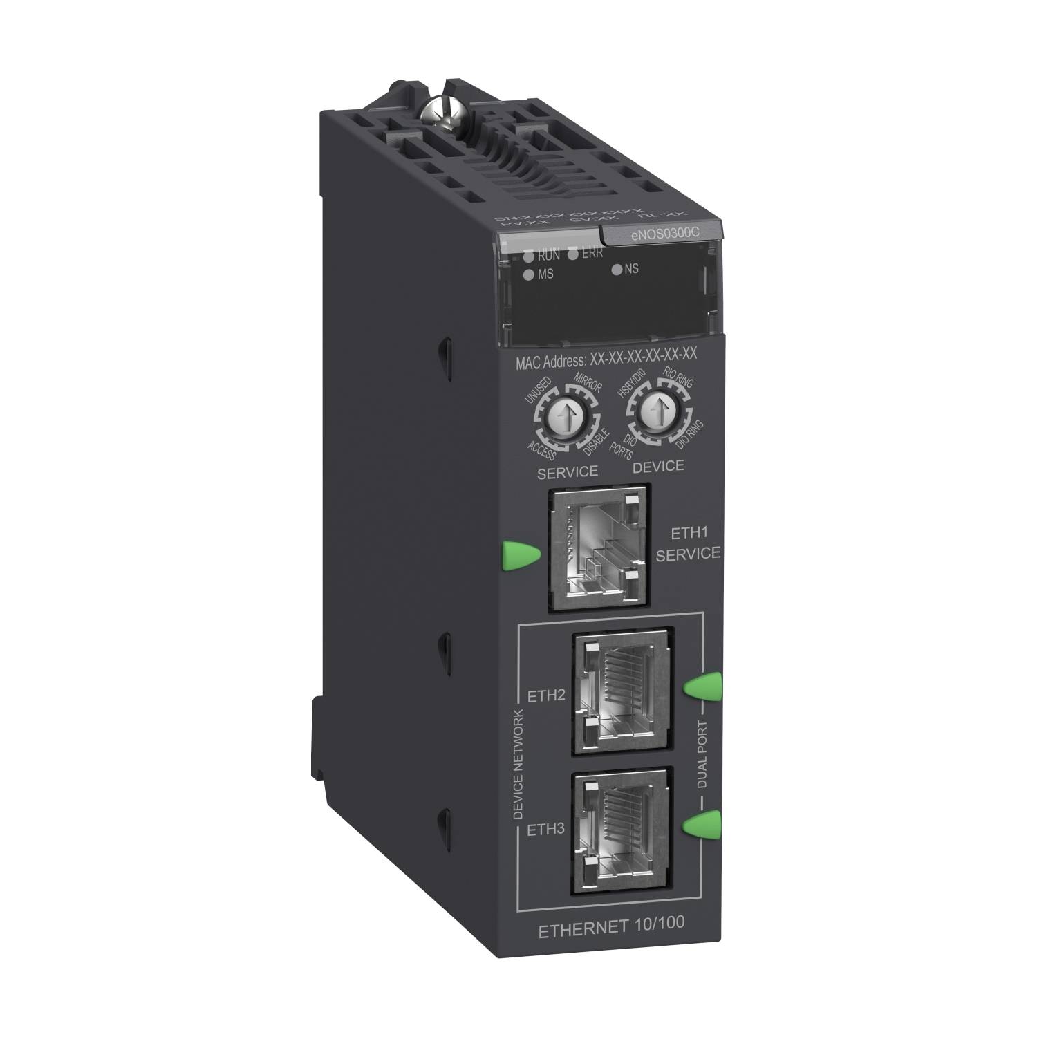 Čierna elektrická jednotka s ethernetovými rozhraniami a zelenými LED indikátormi na prednej strane. Používaná pre priemyselné siete.