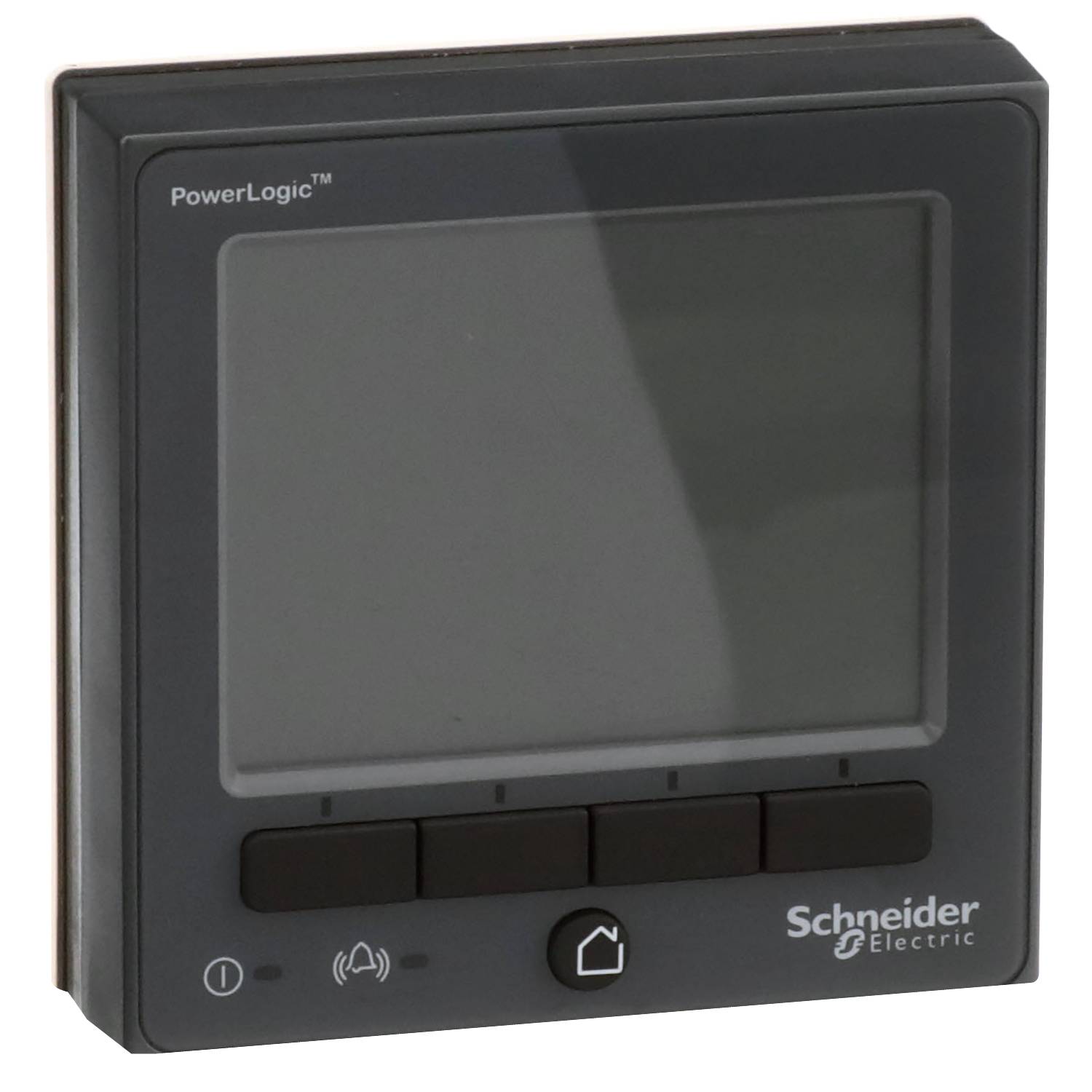 Štvorcové, sivé energetické monitorovacie zariadenie spoločnosti Schneider Electric s displejom a štyrmi tlačidlami pod ním.